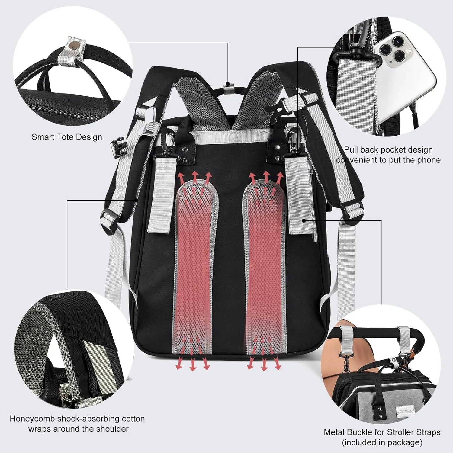 Diaper Bag Backpack, Large Capacity Multifunction Diaper Backpack with Changing Pad for Boy Girl, Travel Baby Bag for Moms Dads, Baby Registry Search Shower Gifts Black Gray