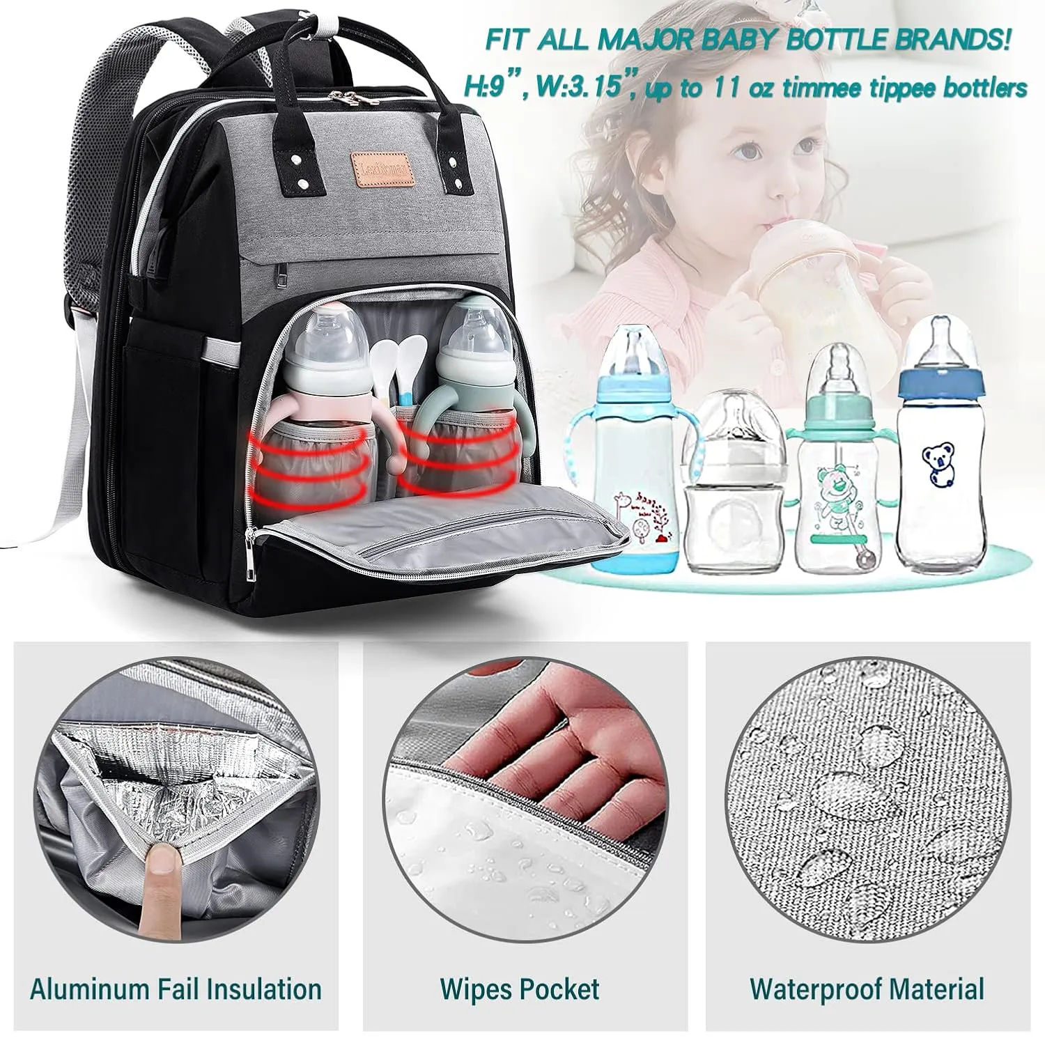 Diaper Bag Backpack, Large Capacity Multifunction Diaper Backpack with Changing Pad for Boy Girl, Travel Baby Bag for Moms Dads, Baby Registry Search Shower Gifts Black Gray