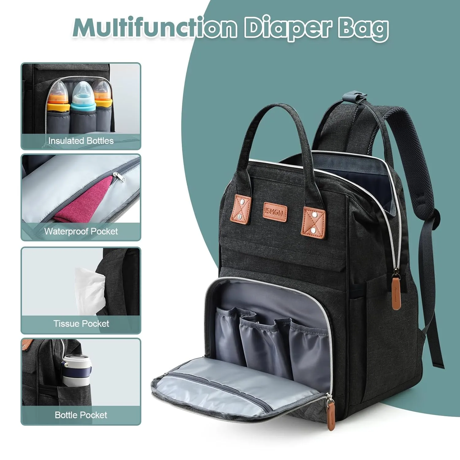 Diaper Bag Backpack, Large Diaper Bag, Multifunctional Diaper Bag, Baby Bag, Black