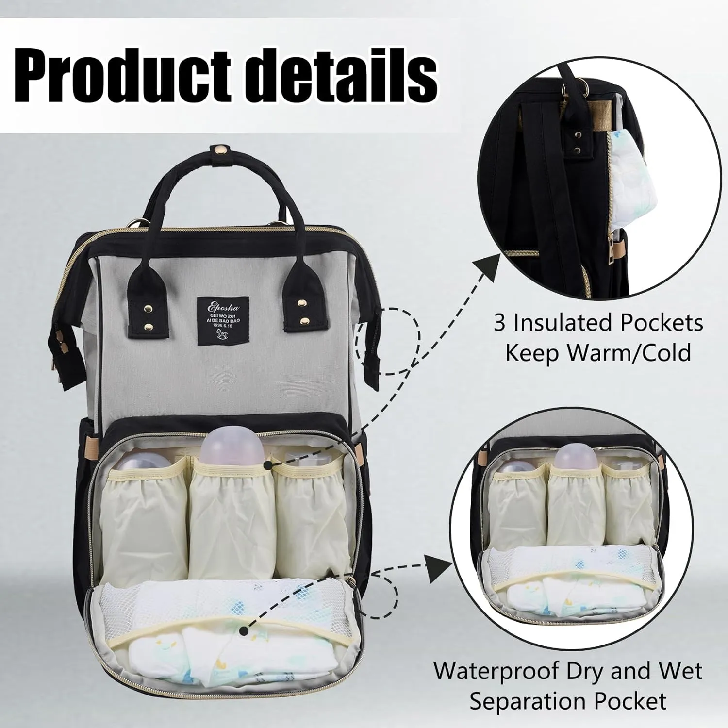 Diaper Bag Backpack Multifunction Large Bags with Changing Pad & Stroller Straps Pacifier Case Unisex(charcoal grey)