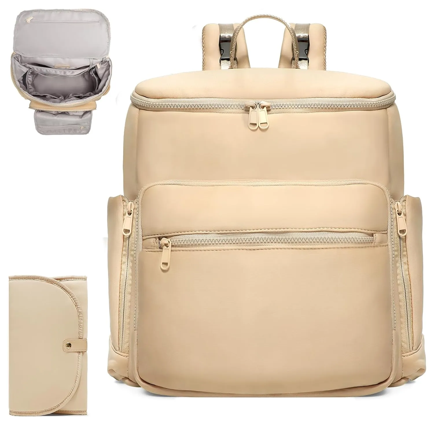 Diaper Bag Backpack, Neoprene Bag Backpack, Large Diaper Backpack with 16 Diaper Bag Organizers, 4 Insulated Pockets, Lighweight Travel Baby Bag with Changing Pad for Mom & Dad, Apricot