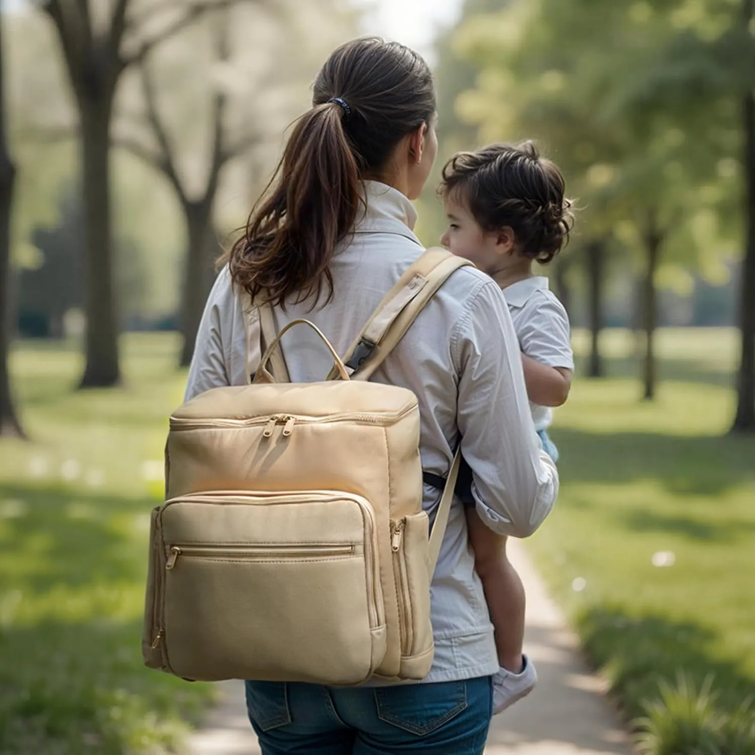Diaper Bag Backpack, Neoprene Bag Backpack, Large Diaper Backpack with 16 Diaper Bag Organizers, 4 Insulated Pockets, Lighweight Travel Baby Bag with Changing Pad for Mom & Dad, Apricot