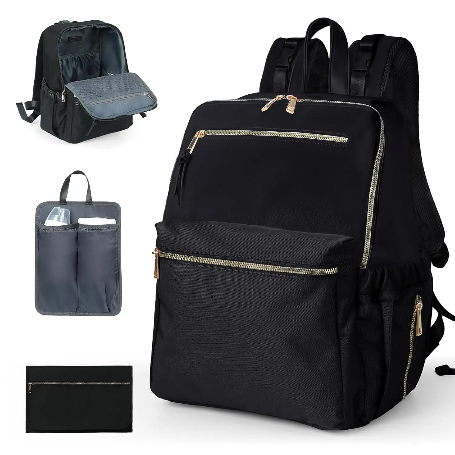 Diaper Bag Backpack, Nylon Baby Bag with 19 Pockets, Large Baby Diaper Bag for Boys Girls,Diaper Bag Insert,Changing Pad,Insulated Pockets,Stroller Straps,Black