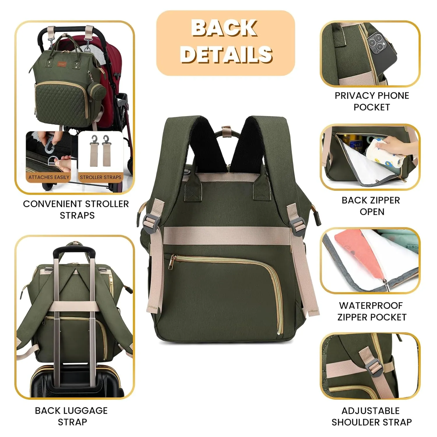 Diaper Bag Backpack with Changing Pad, Pacifier Case, Baby Bag for Boy Girl Toddler - Large, Stylish, Waterproof Travel Diaper Bag for Mom - Baby Shower - Army Green