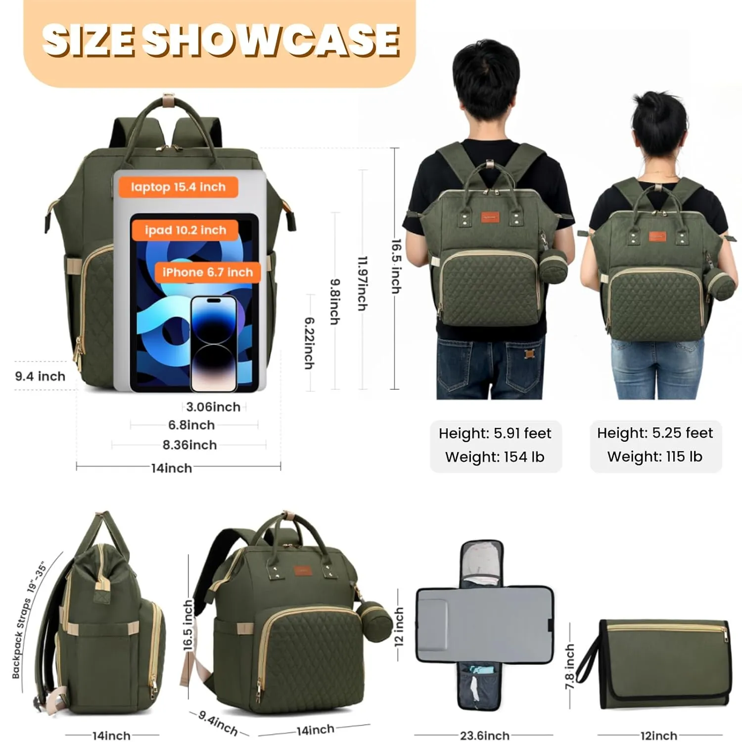 Diaper Bag Backpack with Changing Pad, Pacifier Case, Baby Bag for Boy Girl Toddler - Large, Stylish, Waterproof Travel Diaper Bag for Mom - Baby Shower - Army Green