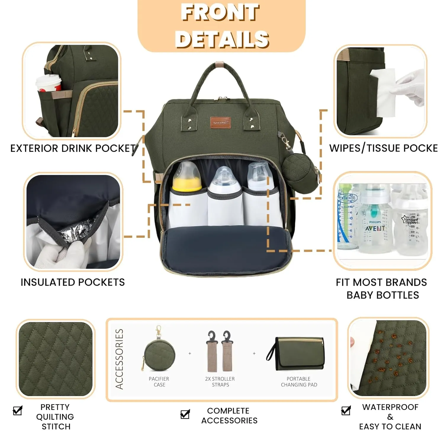 Diaper Bag Backpack with Changing Pad, Pacifier Case, Baby Bag for Boy Girl Toddler - Large, Stylish, Waterproof Travel Diaper Bag for Mom - Baby Shower - Army Green