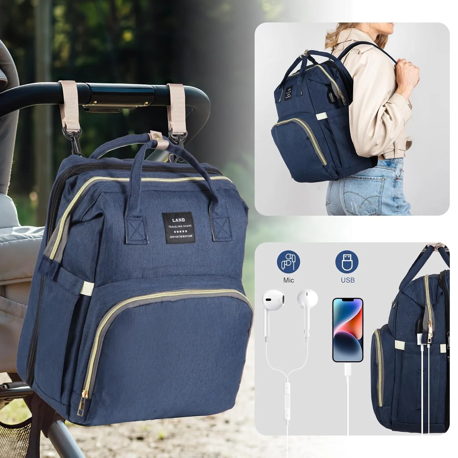 Diaper Bag Backpack, with Changing Station, Baby Bag for Boys and Girls, Newborn Mom Gift, Large Capacity, USB Charging Port, Insulated Pacifier Case, Multifunctional Diaper Bag (Large Blue)