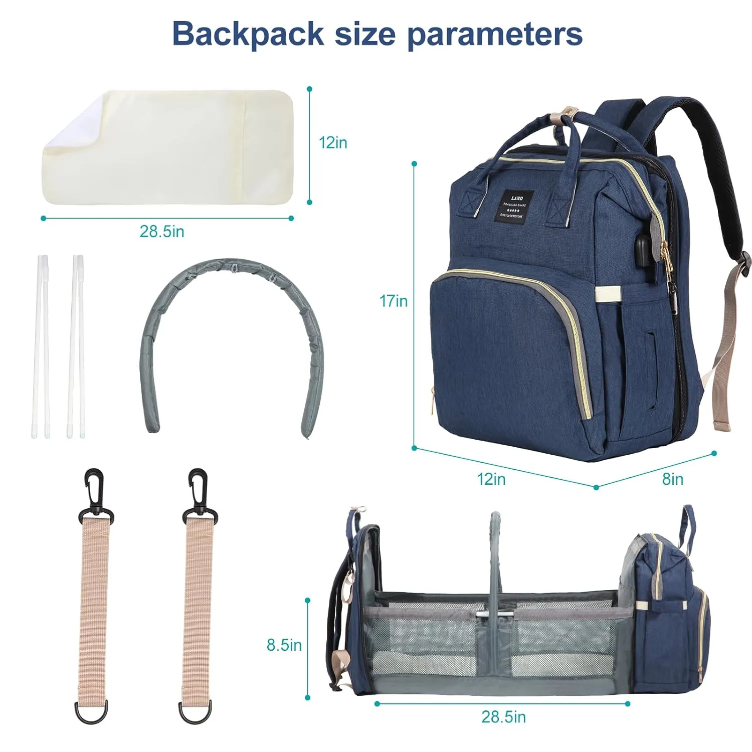 Diaper Bag Backpack, with Changing Station, Baby Bag for Boys and Girls, Newborn Mom Gift, Large Capacity, USB Charging Port, Insulated Pacifier Case, Multifunctional Diaper Bag (Large Blue)