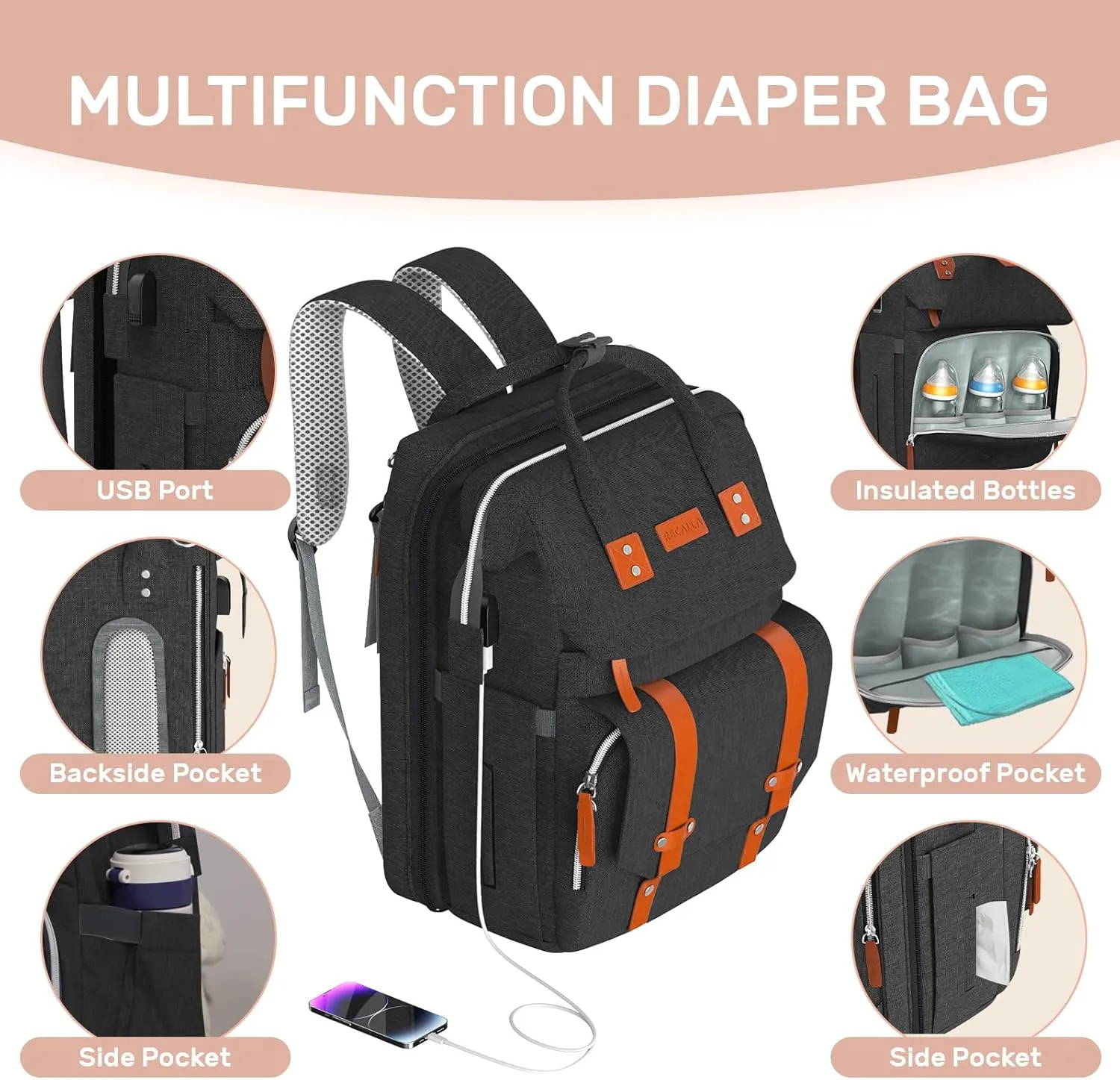Diaper Bag Backpack with Changing Station, Large Diaper Bag, Multifunctional Diaper Bag, Baby Bag, Baby Shower Gifts, Black