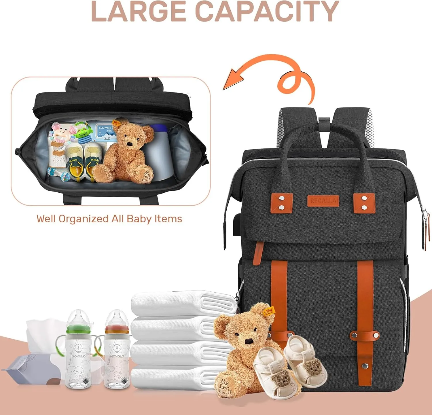 Diaper Bag Backpack with Changing Station, Large Diaper Bag, Multifunctional Diaper Bag, Baby Bag, Baby Shower Gifts, Black