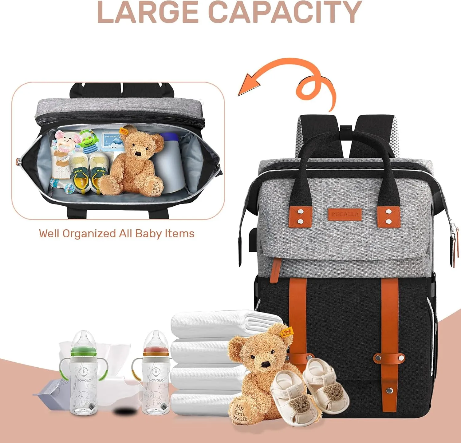 Diaper Bag Backpack with Changing Station, Large Diaper Bag, Multifunctional Diaper Bag, Baby Bag, Baby Shower Gifts, GrayBlack
