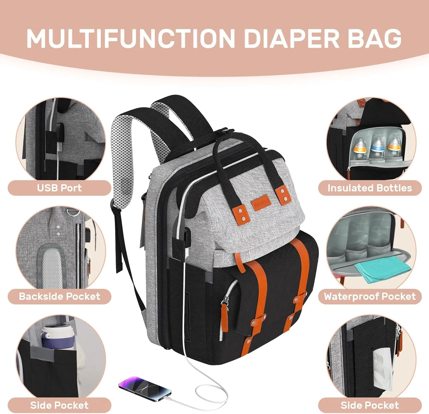Diaper Bag Backpack with Changing Station, Large Diaper Bag, Multifunctional Diaper Bag, Baby Bag, Baby Shower Gifts, GrayBlack