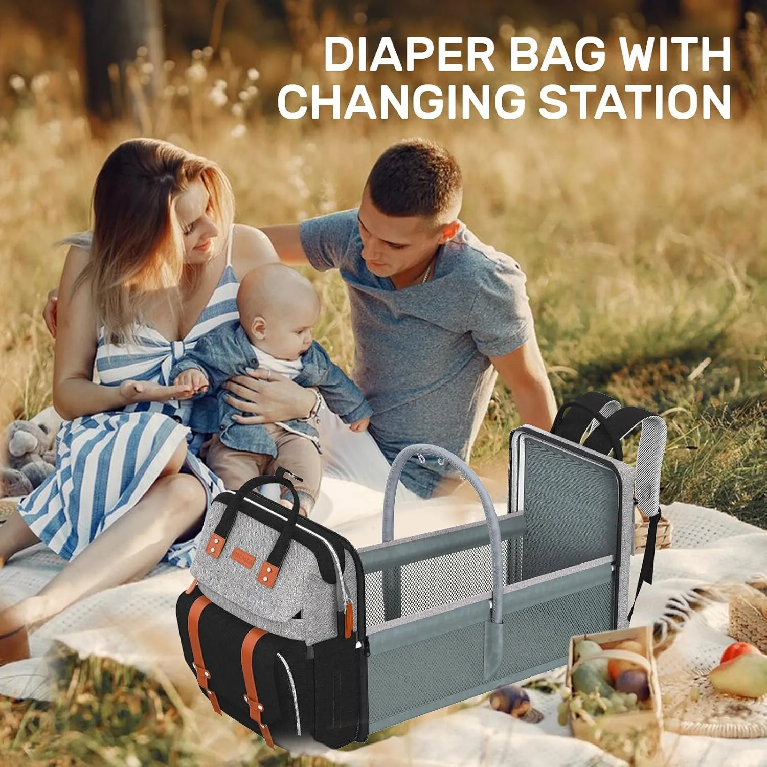Diaper Bag Backpack with Changing Station, Large Diaper Bag, Multifunctional Diaper Bag, Baby Bag, Baby Shower Gifts, GrayBlack