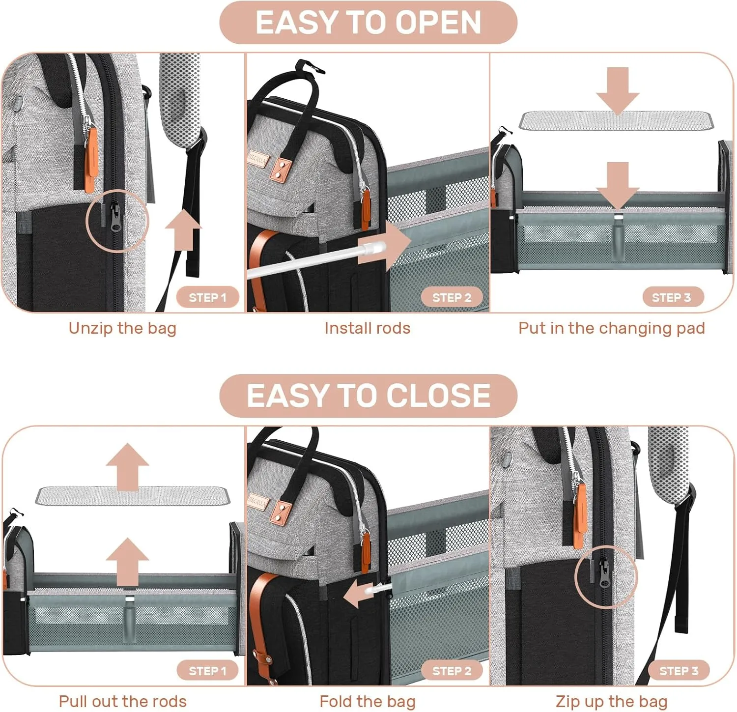 Diaper Bag Backpack with Changing Station, Large Diaper Bag, Multifunctional Diaper Bag, Baby Bag, Baby Shower Gifts, GrayBlack
