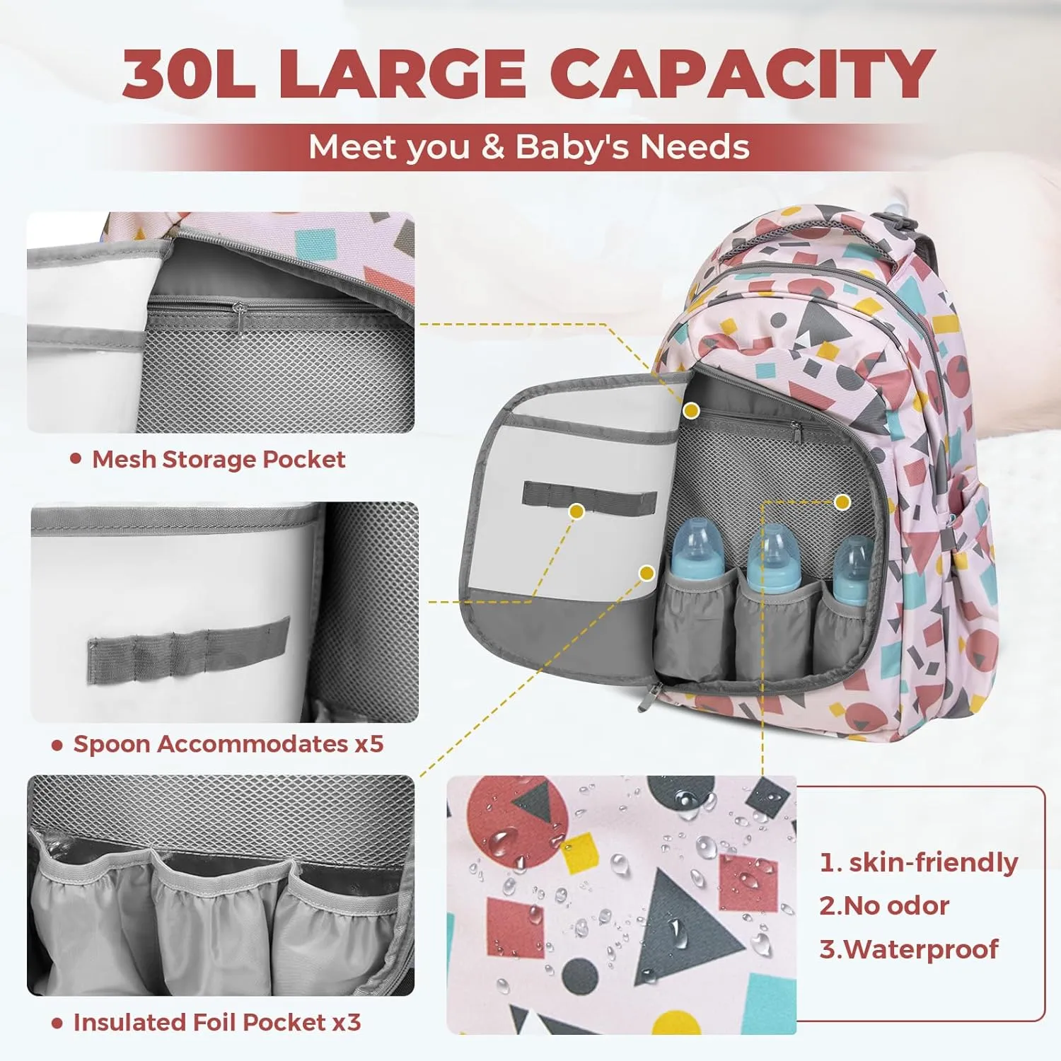 Diaper Bag Backpack With Travel Insulated Bag Set, Travel Back Pack Baby Diaper Changing Bags Diaper Backpack For Mom Dad Baby, Set of 2, Pink