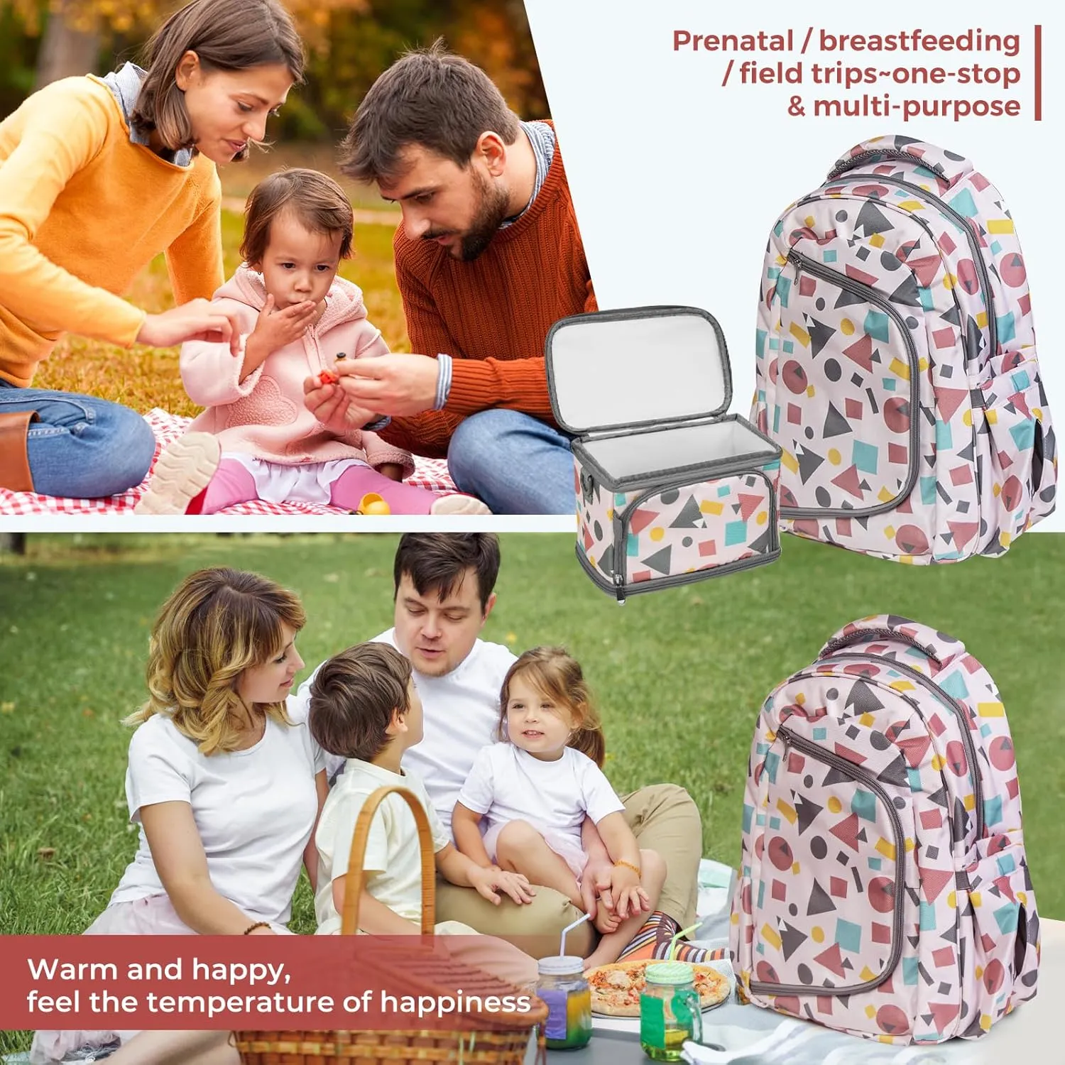 Diaper Bag Backpack With Travel Insulated Bag Set, Travel Back Pack Baby Diaper Changing Bags Diaper Backpack For Mom Dad Baby, Set of 2, Pink