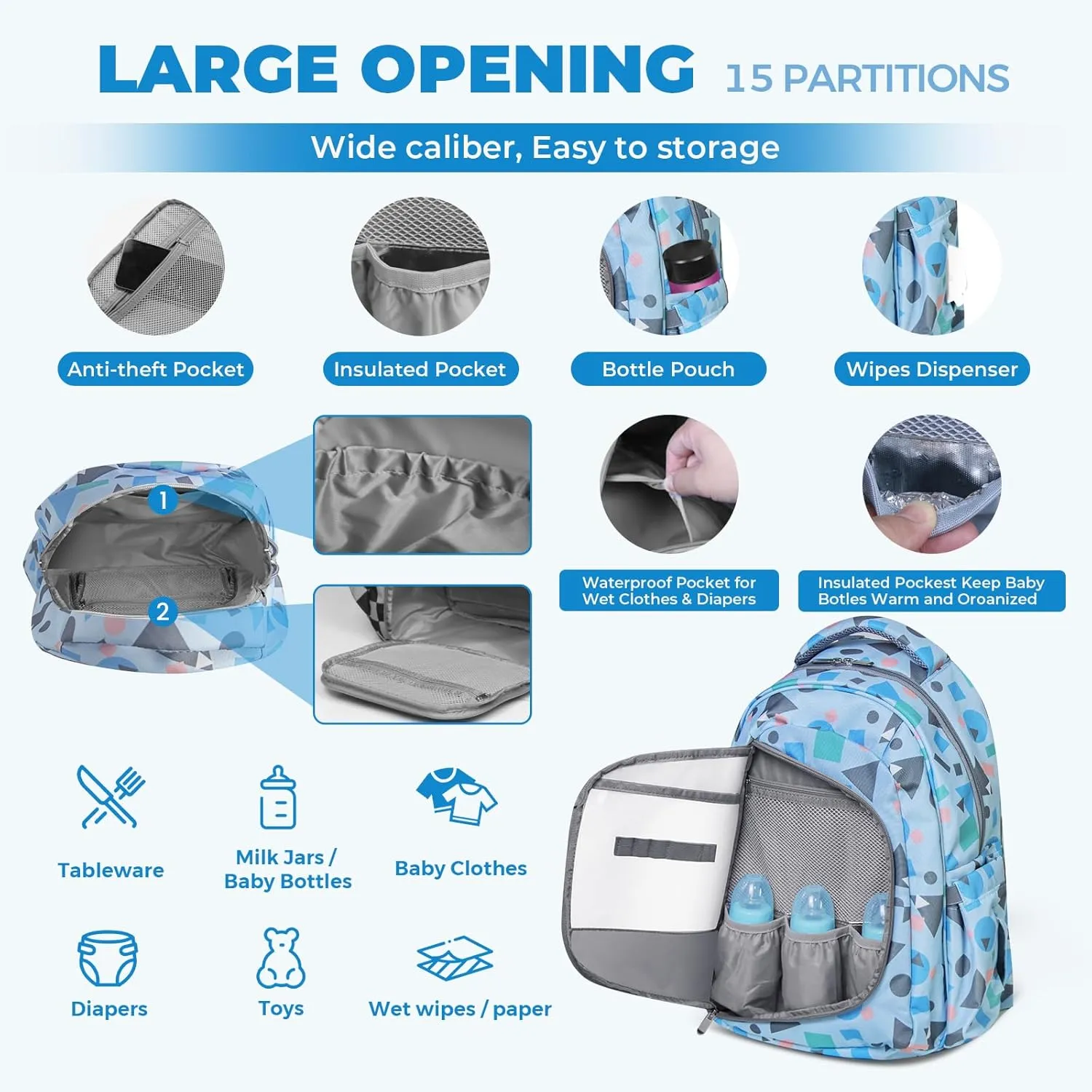 Diaper Bag Backpack With Travel Insulated Bag Set, Travel Back Pack Baby Diaper Changing Bags Diaper Backpack For Mom Dad Baby, Set of 2 - Sky Blue