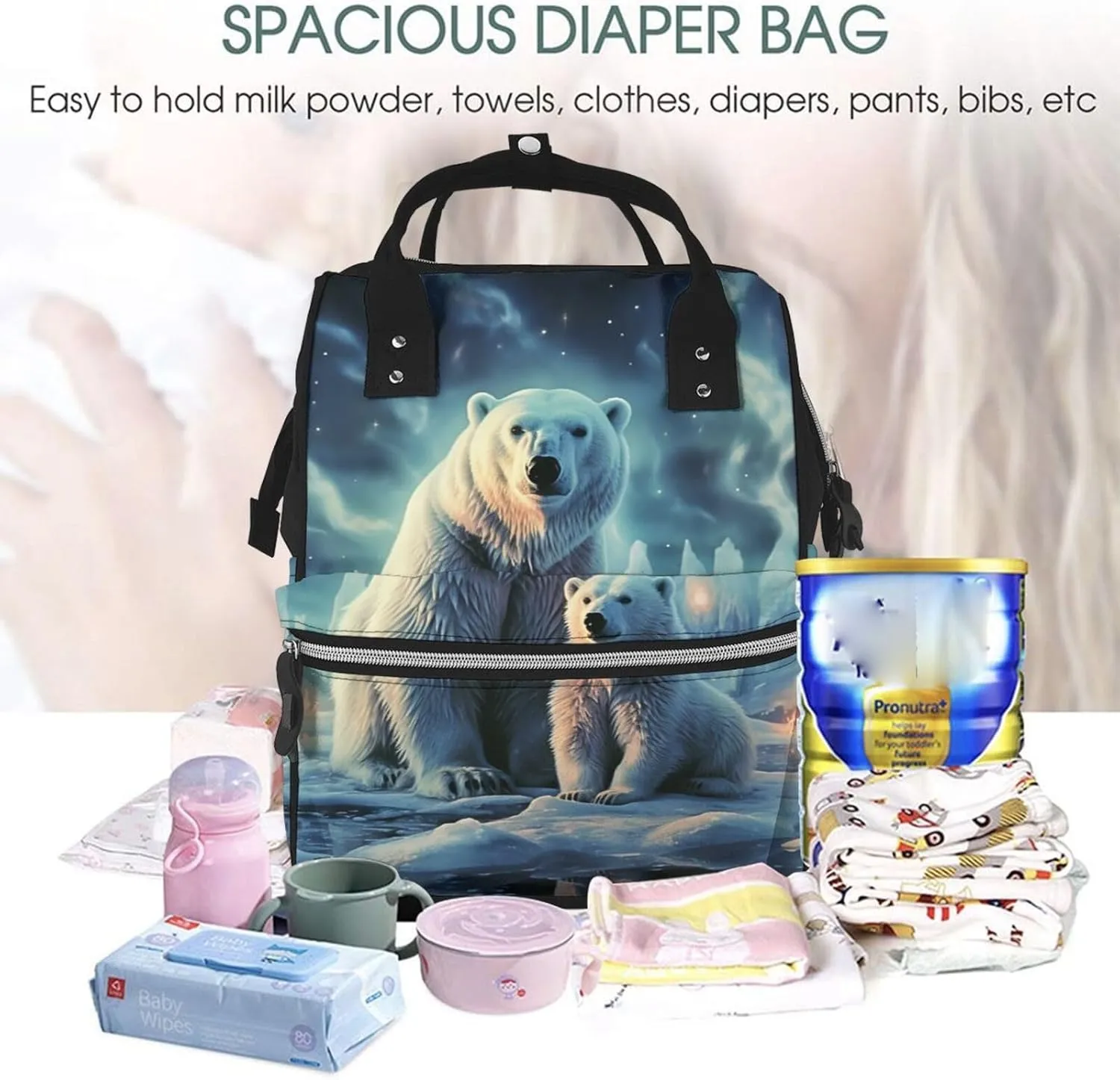 Diaper Bag Nappy Backpack Baby Bag Black and White Octopus and Ship Mummy Backpack Multifunction Changing Bags for Travel, Polar Bears Northern Lights, One Size