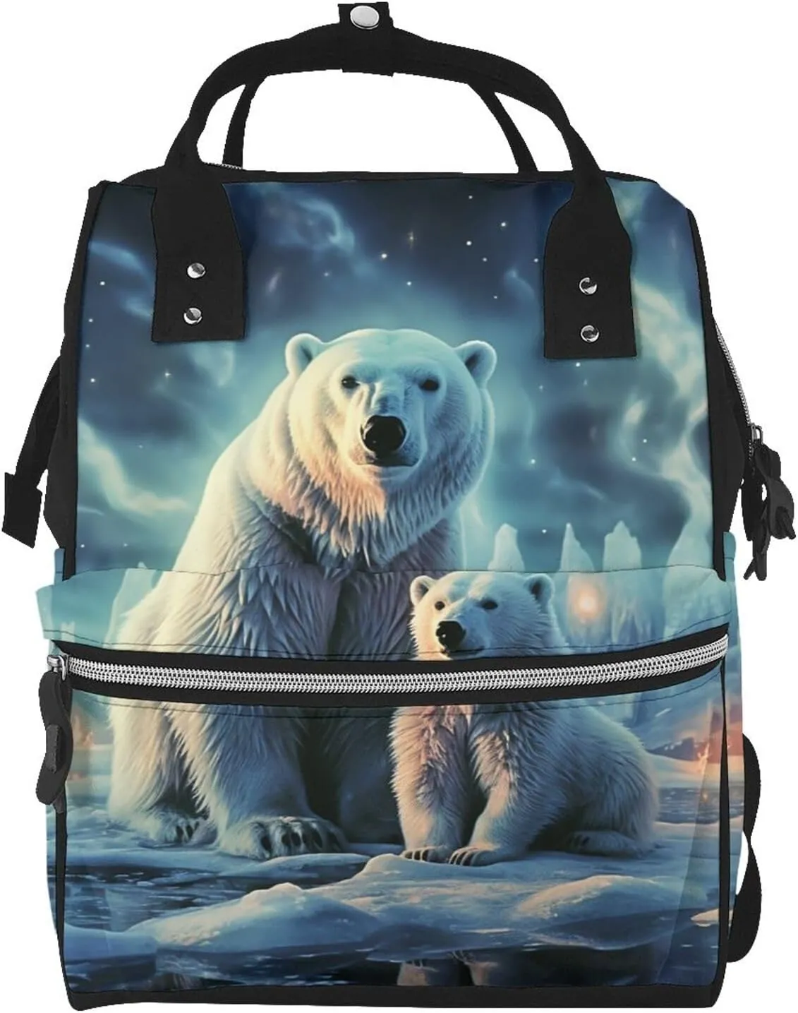 Diaper Bag Nappy Backpack Baby Bag Black and White Octopus and Ship Mummy Backpack Multifunction Changing Bags for Travel, Polar Bears Northern Lights, One Size