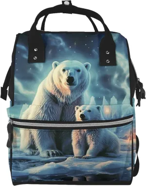Diaper Bag Nappy Backpack Baby Bag Black and White Octopus and Ship Mummy Backpack Multifunction Changing Bags for Travel, Polar Bears Northern Lights, One Size
