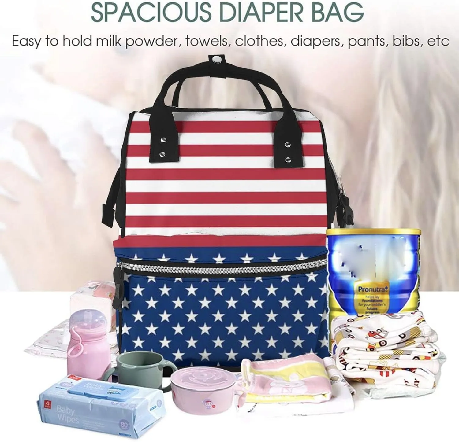 Diaper Bag Nappy Backpack Baby Bag British Flag Mummy Backpack Multifunction Changing Bags for Travel, American Flag Stars Stripes, One Size