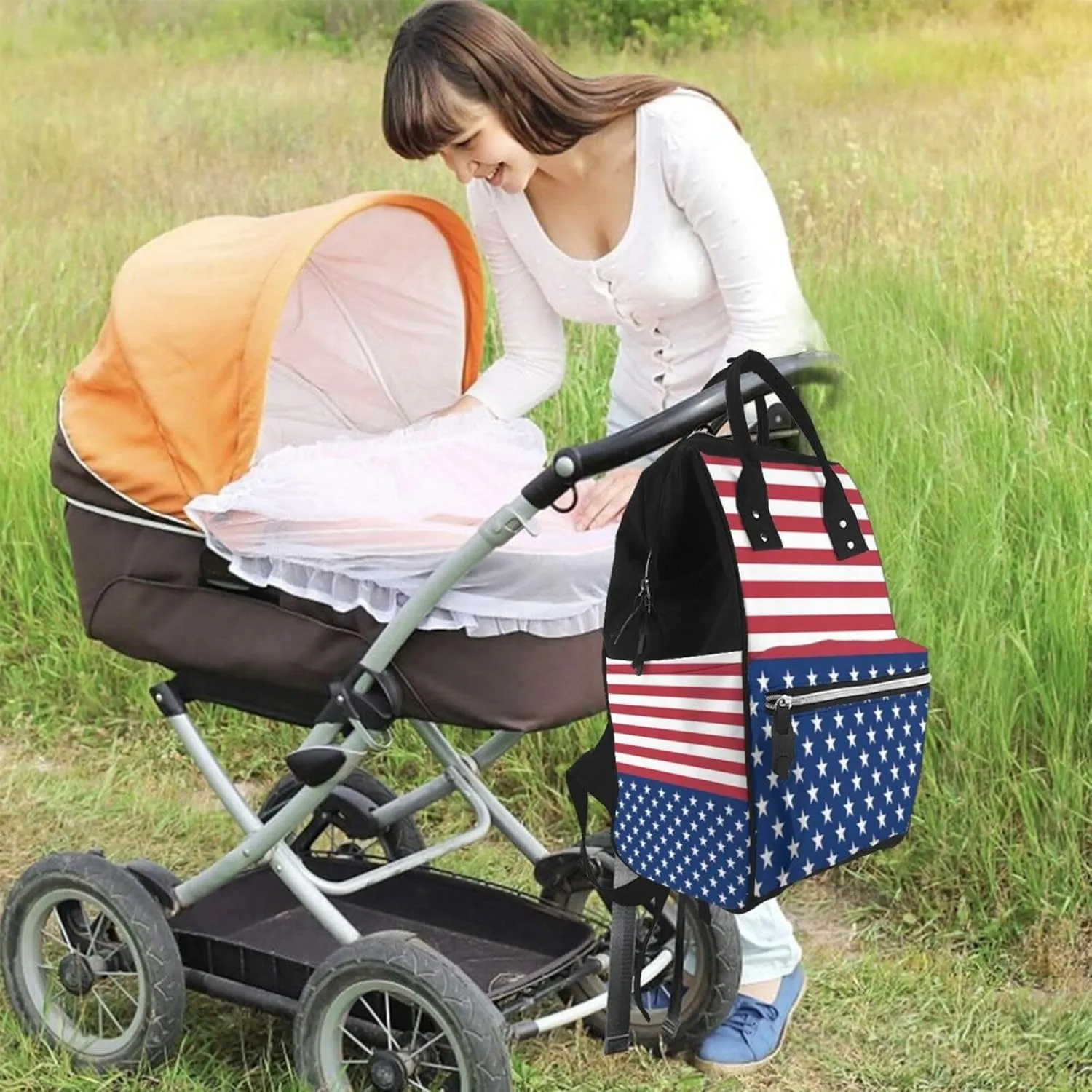 Diaper Bag Nappy Backpack Baby Bag British Flag Mummy Backpack Multifunction Changing Bags for Travel, American Flag Stars Stripes, One Size