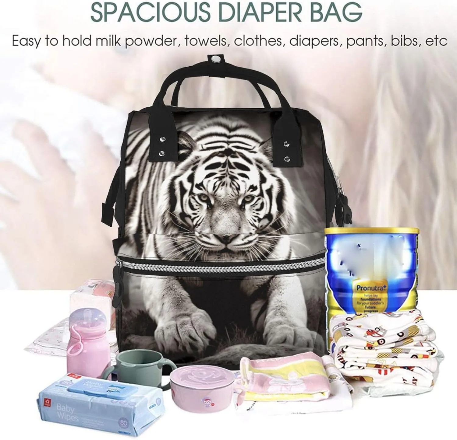 Diaper Bag Nappy Backpack Baby Bag British Flag Mummy Backpack Multifunction Changing Bags for Travel, Black White Tiger, One Size