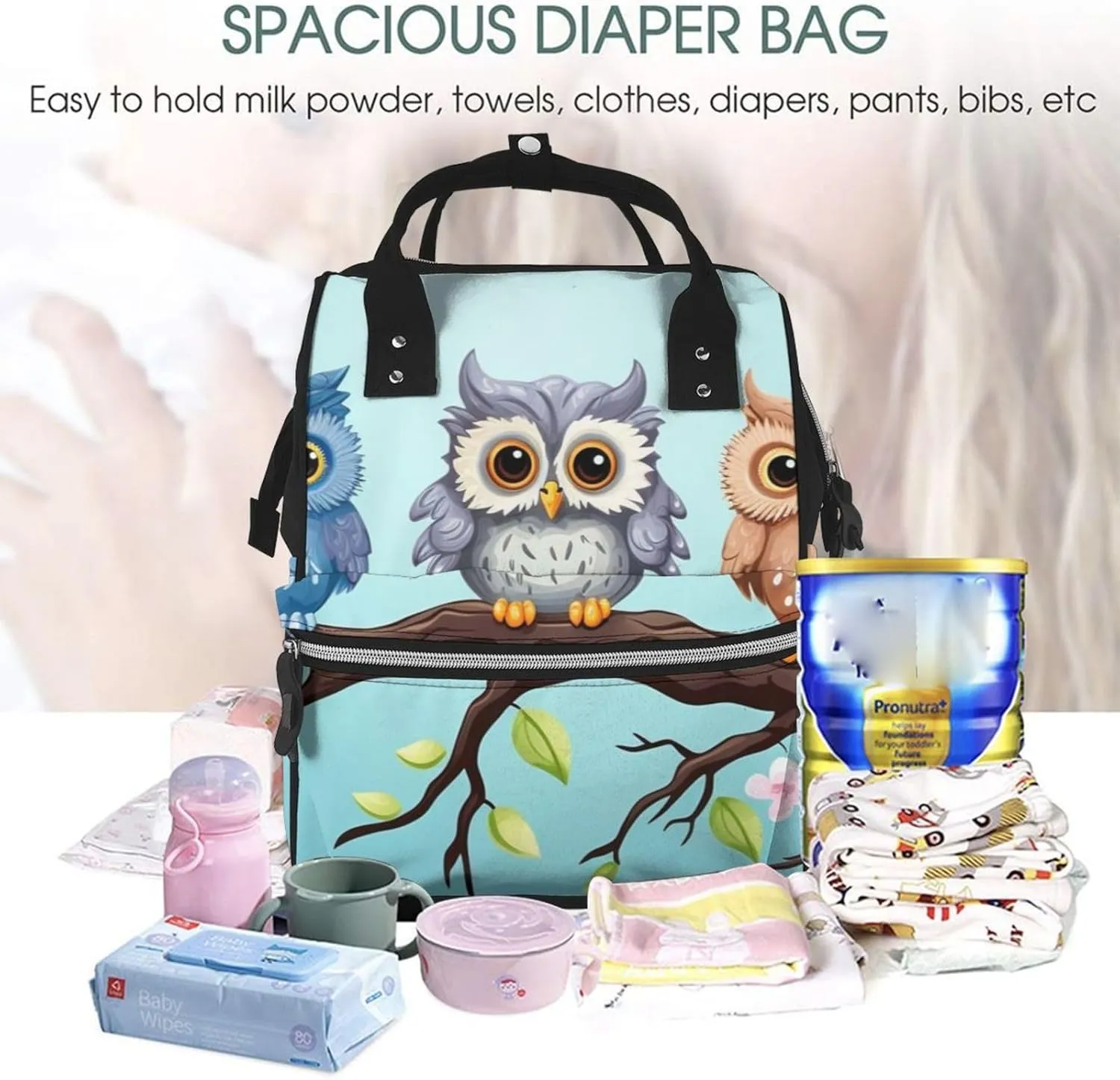 Diaper Bag Nappy Backpack Baby Bag Squirrel Animal Mummy Backpack Multifunction Changing Bags for Travel, Owls on a Branch, One Size