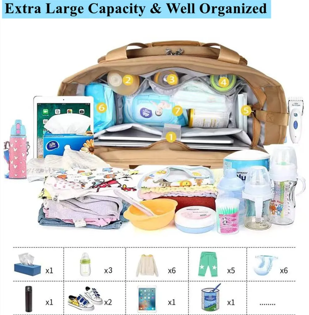 Diaper Bag Tote, Large Capacity Travel Diaper Tote Bags, Large Mommy Bag for Hospital, Travel Diaper Tote Messenger Purse, Baby Bag with 16 Inch Laptop Compartment (Light Brown)