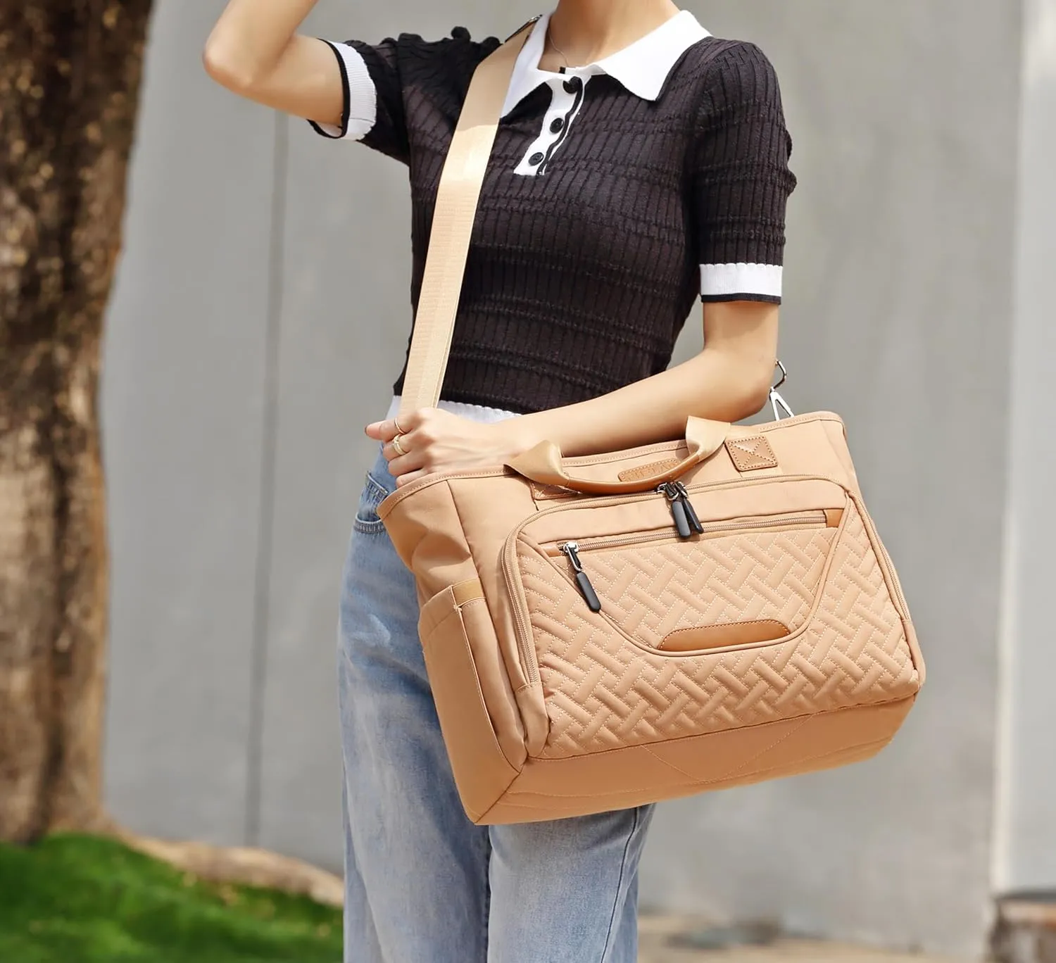 Diaper Bag Tote, Large Capacity Travel Diaper Tote Bags, Large Mommy Bag for Hospital, Travel Diaper Tote Messenger Purse, Baby Bag with 16 Inch Laptop Compartment (Light Brown)
