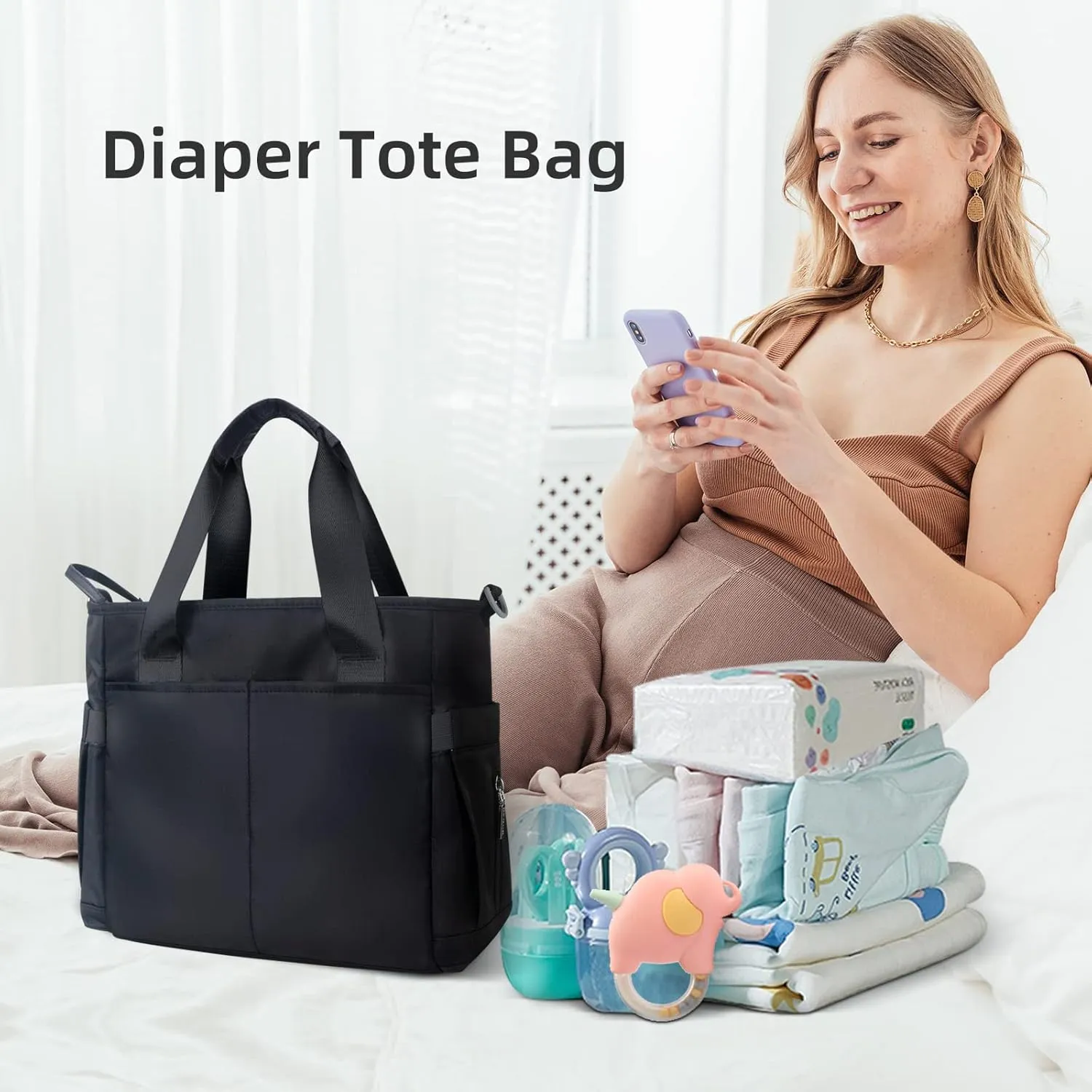 Diaper Bag Tote Satchel Waterproof Messenger Diaper Bags for Mom and Dad Multifunction Large Travel Tote Bags (Black)