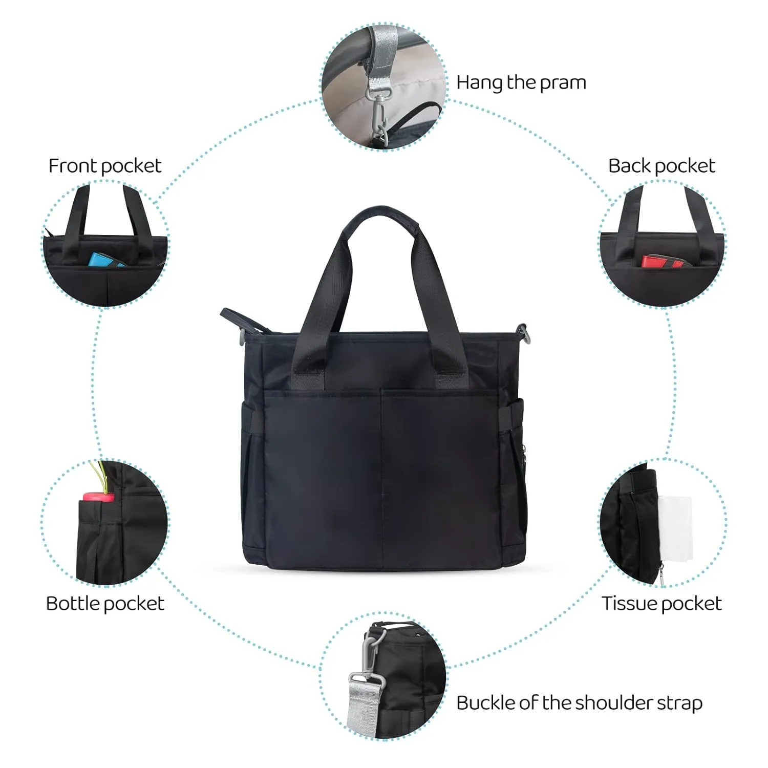 Diaper Bag Tote Satchel Waterproof Messenger Diaper Bags for Mom and Dad Multifunction Large Travel Tote Bags (Black)