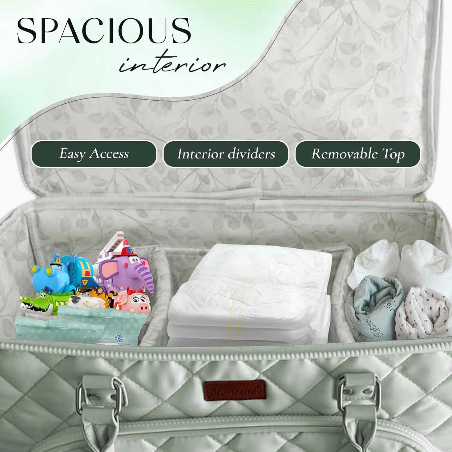 Diaper Bag Tote with Dividers, Zipper, Top Cover and Strap, Larger Size with insulated storage bag - Green