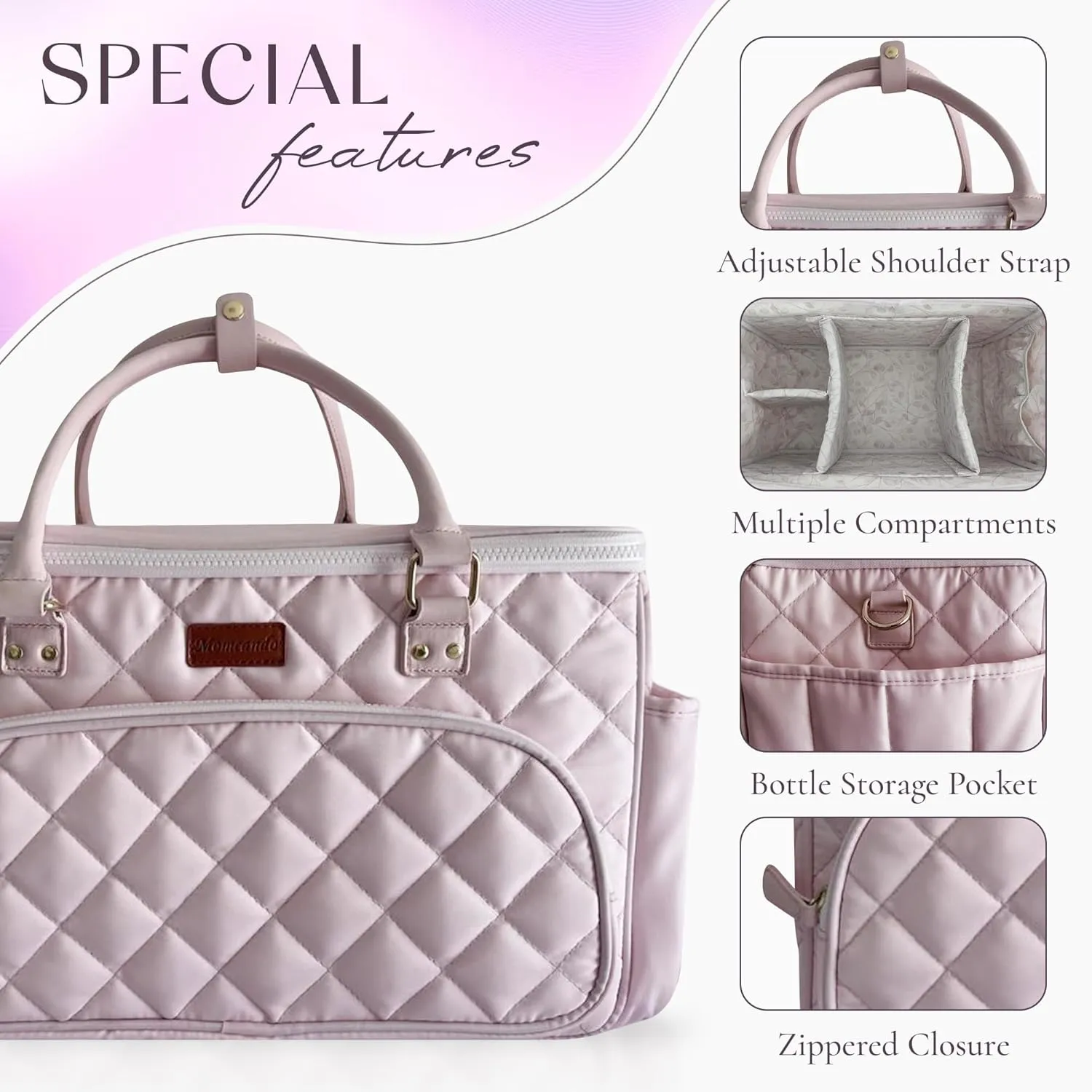 Diaper Bag Tote with Dividers, Zipper, Top Cover and Strap, Larger Size with insulated storage bag - Pink