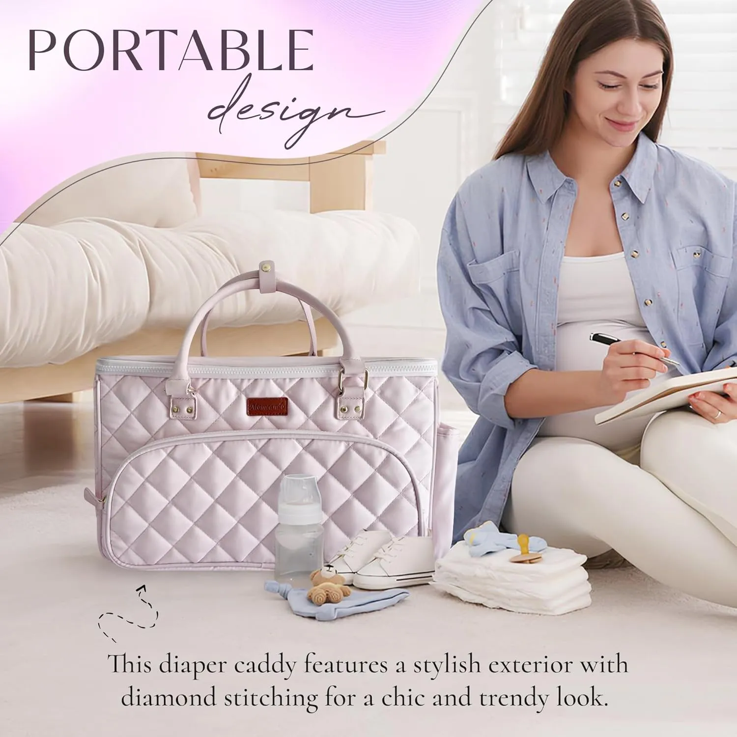 Diaper Bag Tote with Dividers, Zipper, Top Cover and Strap, Larger Size with insulated storage bag - Pink