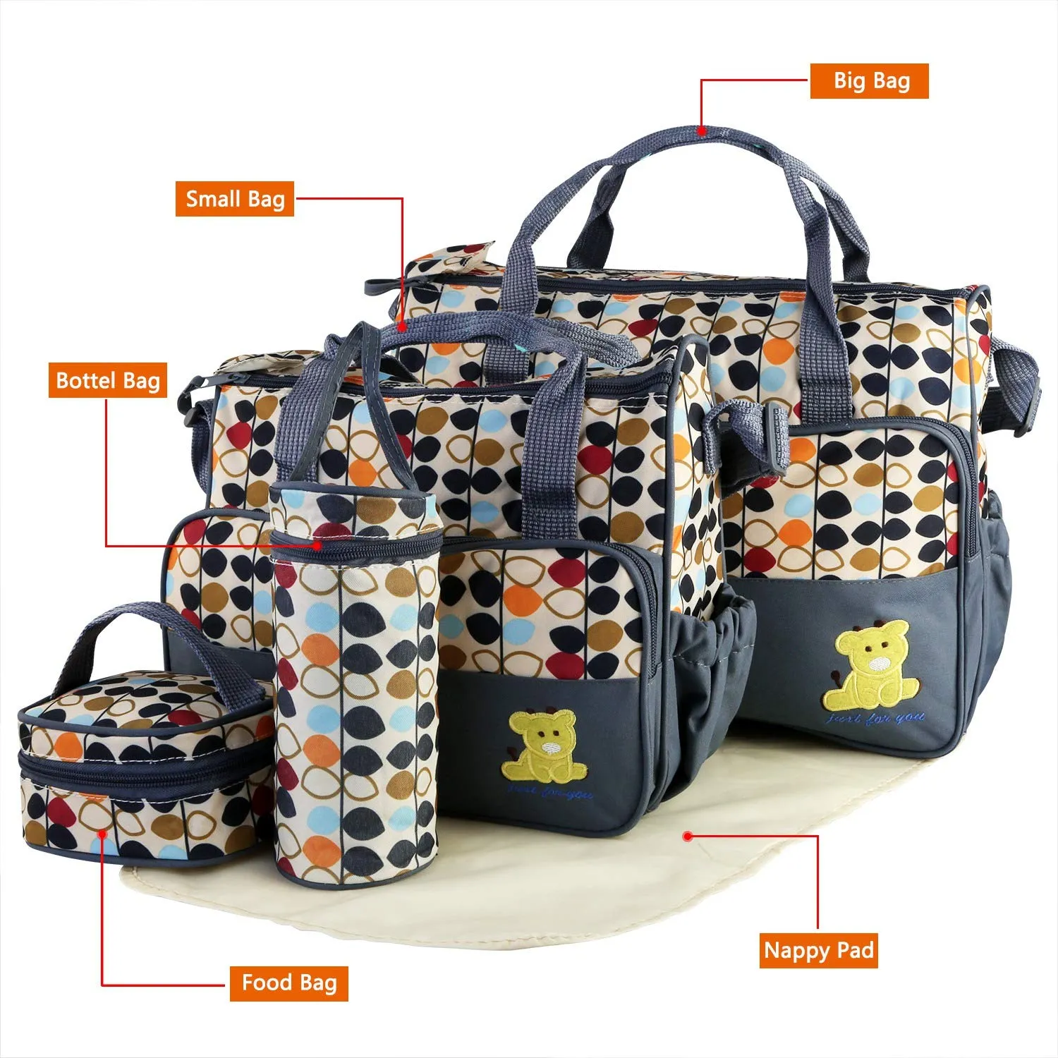 Diaper Bags Tote,5Pcs baby diaper Convertible Baby Bags with Changing Pad & Insulated Pockets for Mom, Multifunction Mommy bag Large Storage for baby things baby bottle/Baby Nappy/Clothes for outside