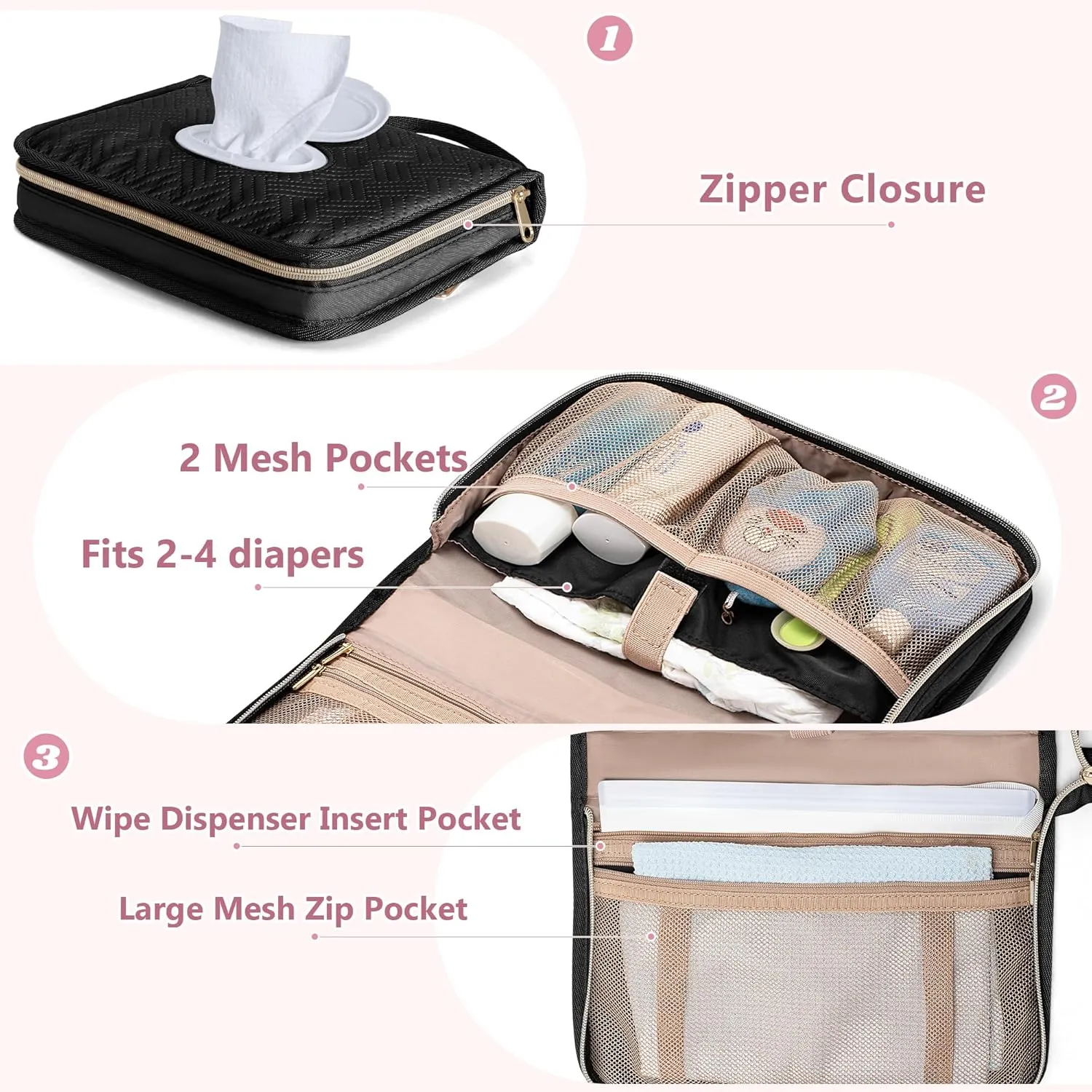 Diaper Clutch Bag with 2 Pieces Wipes Dispensers, Small Diaper Bag with Multiple Pockets for Storage of Baby Necessities, Baby Travel Essential, Black