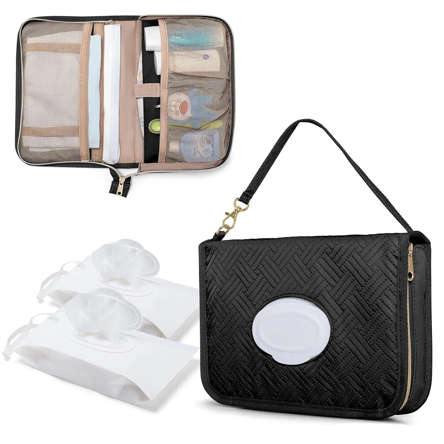 Diaper Clutch Bag with 2 Pieces Wipes Dispensers, Small Diaper Bag with Multiple Pockets for Storage of Baby Necessities, Baby Travel Essential, Black