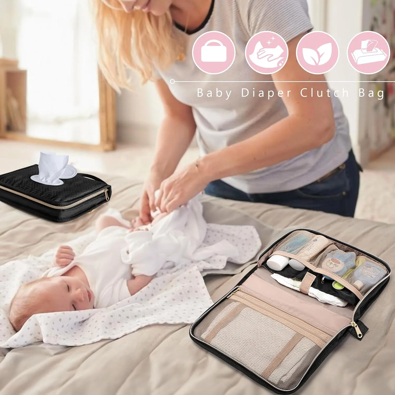 Diaper Clutch Bag with 2 Pieces Wipes Dispensers, Small Diaper Bag with Multiple Pockets for Storage of Baby Necessities, Baby Travel Essential, Black