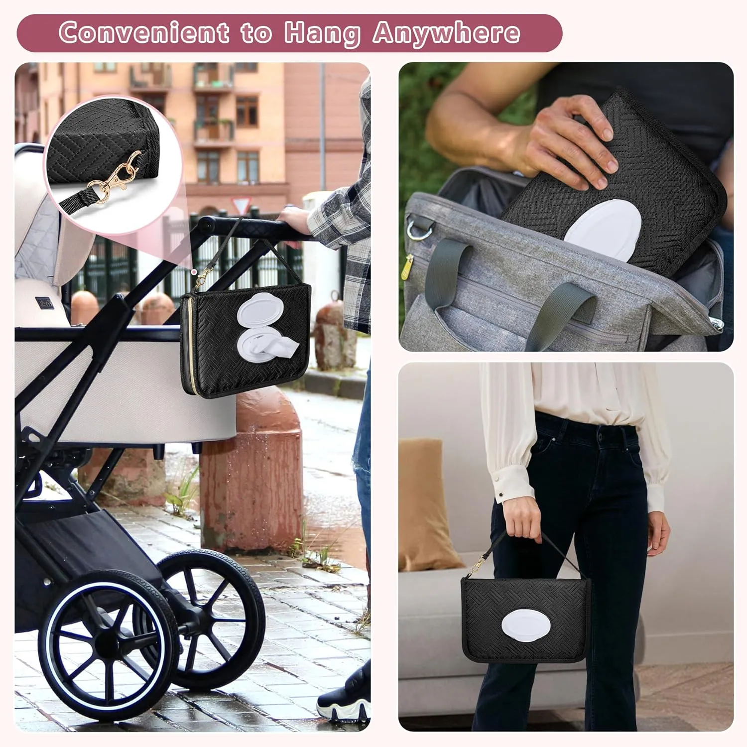 Diaper Clutch Bag with 2 Pieces Wipes Dispensers, Small Diaper Bag with Multiple Pockets for Storage of Baby Necessities, Baby Travel Essential, Black
