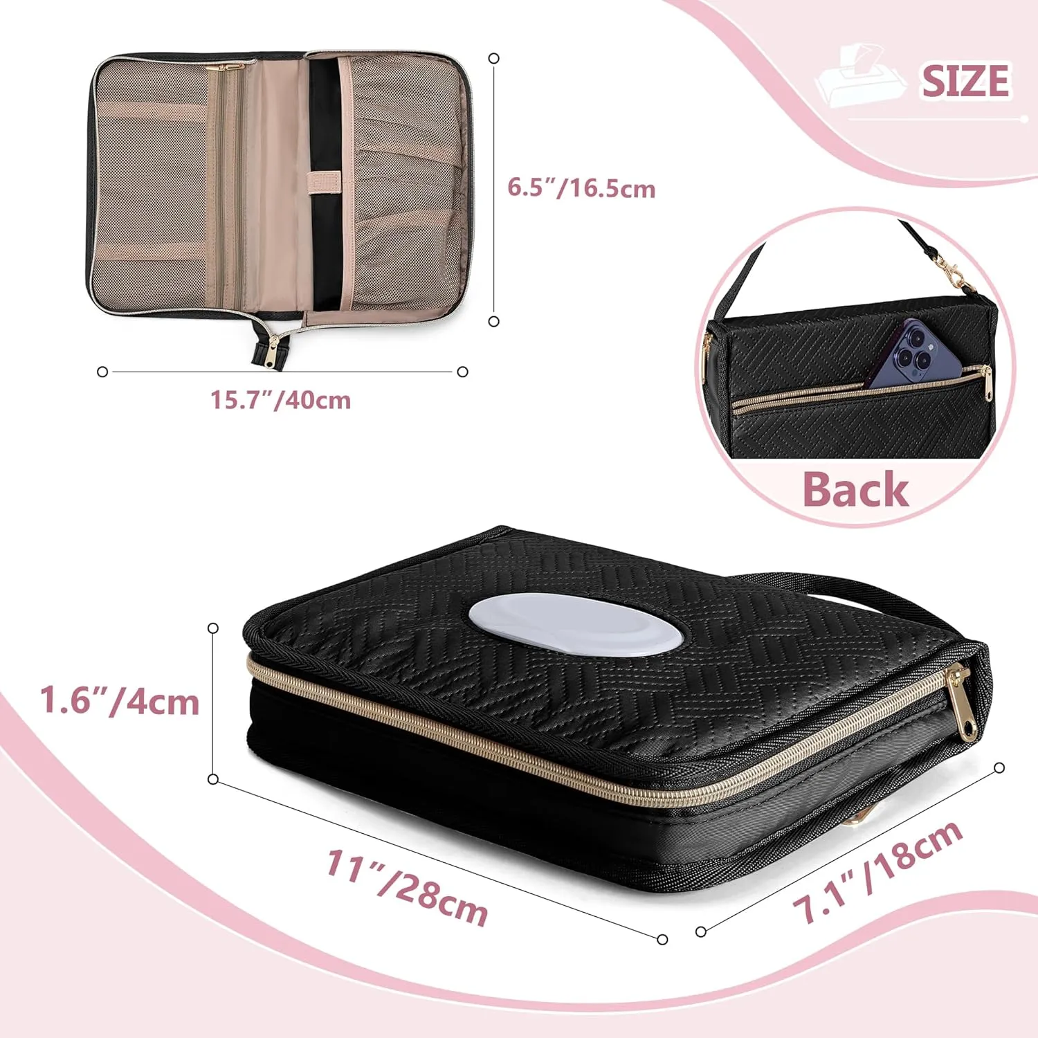 Diaper Clutch Bag with 2 Pieces Wipes Dispensers, Small Diaper Bag with Multiple Pockets for Storage of Baby Necessities, Baby Travel Essential, Black