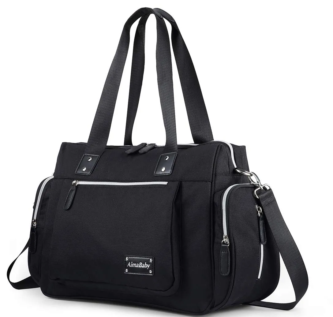 Diaper Tote Bag Diaper Bag,Travel Diaper Carry Bag, Baby Nappy Diaper Bag for Mom Grils Unisex Maternit. Multi Pocket, Tote Bag Beach Bag Travel Handbag Canva Large(Black)