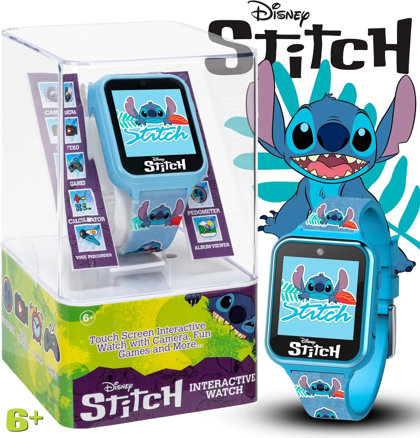 Disney Stitch Kids Smart Watch with 10 Customizable Faces, Camera, Voice Recorder, Calculator, and Step Counter – Touchscreen Interactive Watch for Kids – Blue Silicone Strap