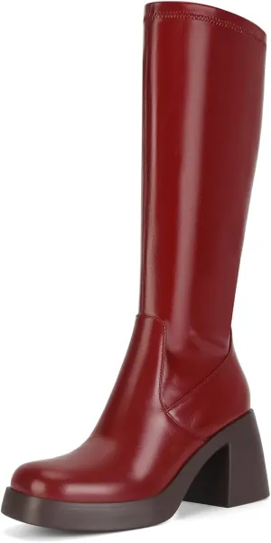 Dsevht Dark Red Leather Knee High Boots for Women Platform Chunky Block Heeled Burgundy Boots Square Toe and Side Zipper Design Fashion Dress 70s Gogo Boots