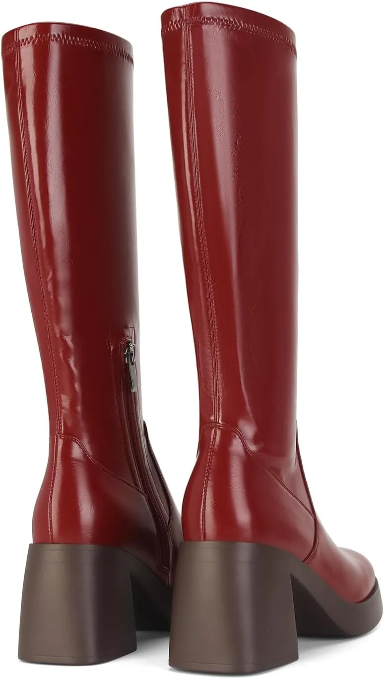 Dsevht Dark Red Leather Knee High Boots for Women Platform Chunky Block Heeled Burgundy Boots Square Toe and Side Zipper Design Fashion Dress 70s Gogo Boots