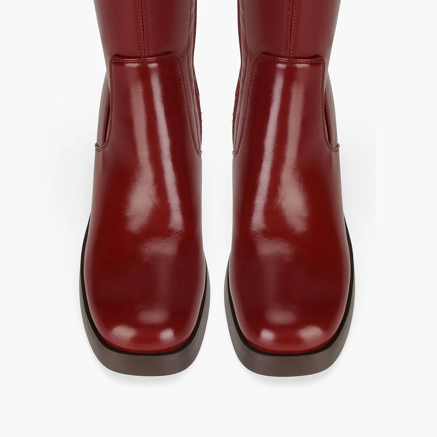 Dsevht Dark Red Leather Knee High Boots for Women Platform Chunky Block Heeled Burgundy Boots Square Toe and Side Zipper Design Fashion Dress 70s Gogo Boots