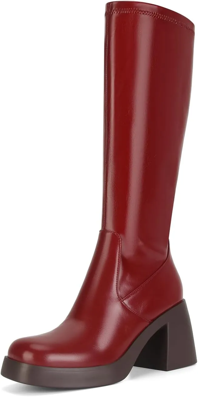 Dsevht Dark Red Leather Knee High Boots for Women Platform Chunky Block Heeled Burgundy Boots Square Toe and Side Zipper Design Fashion Dress 70s Gogo Boots