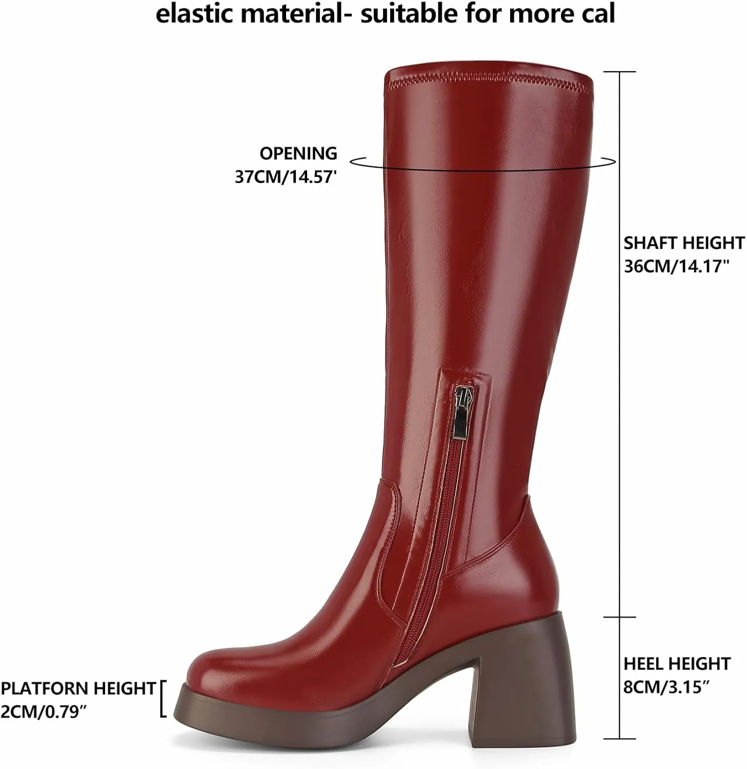 Dsevht Dark Red Leather Knee High Boots for Women Platform Chunky Block Heeled Burgundy Boots Square Toe and Side Zipper Design Fashion Dress 70s Gogo Boots
