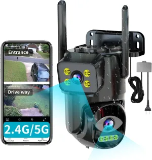 Dual Lens WiFi Security Camera Outdoor, 2.4G/5G PTZ Outdoor Plug-in Camera Auto Tracking,Home Security Surveillance System,WiFi,Night Vision,7/24 Recording