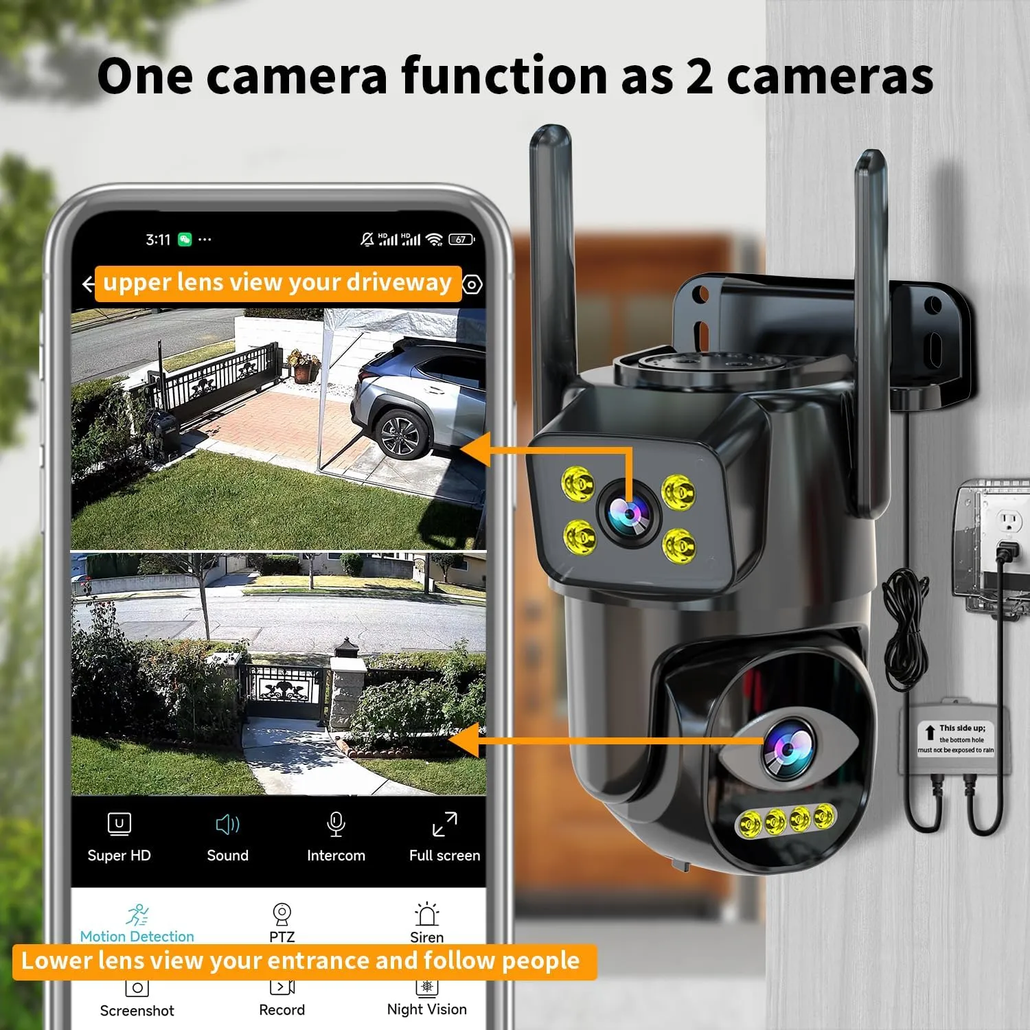Dual Lens WiFi Security Camera Outdoor, 2.4G/5G PTZ Outdoor Plug-in Camera Auto Tracking,Home Security Surveillance System,WiFi,Night Vision,7/24 Recording